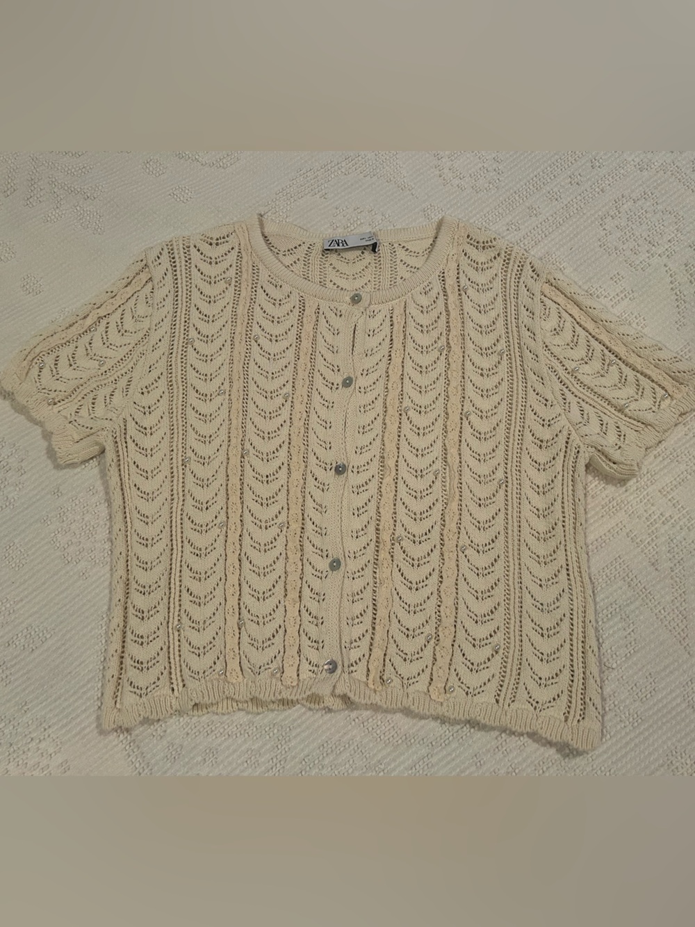 Zara Cream Short-Sleeve Open-Knit Cardigan